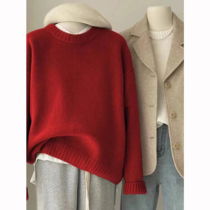 Damen Strickpullover Rundhals Rippstrick Oversize