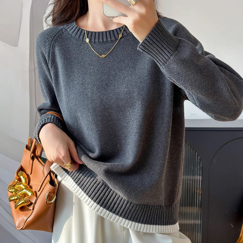 Damen Pullover Rundhalsausschnitt Langarm Strickpullover Rippbündchen