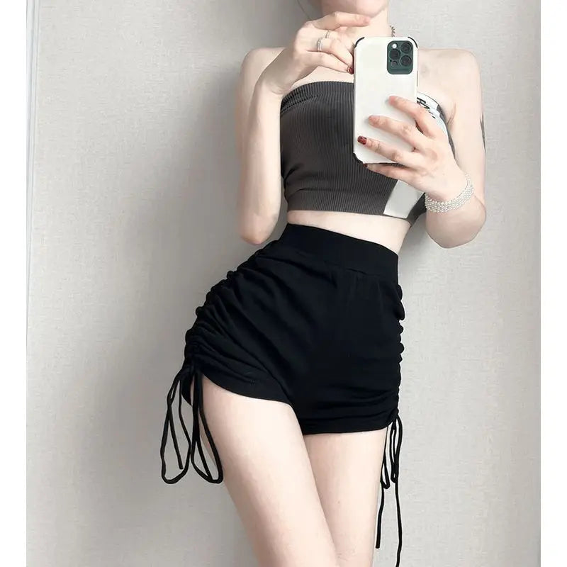 Damen High-Waist Shorts gerippt mit Kordelzug Raffung