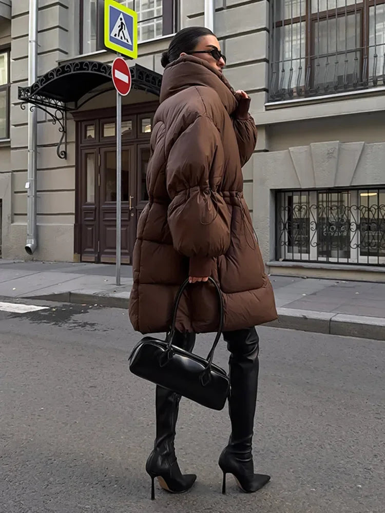Damen Steppjacke Braun Oversize Hochkragen Kordelzug