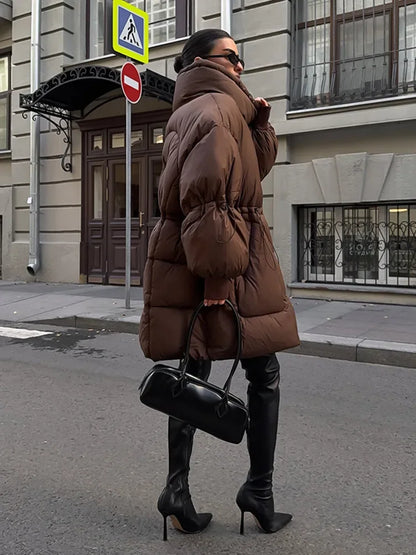 Damen Steppjacke Braun Oversize Hochkragen Kordelzug