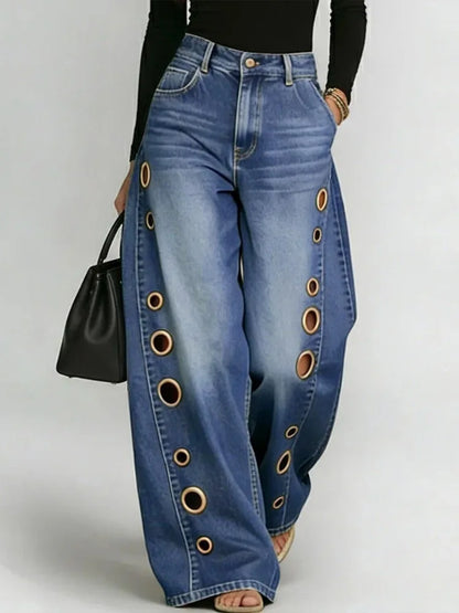 Damen Weite Jeans Hose mit Ösen Details und Hohem Bund