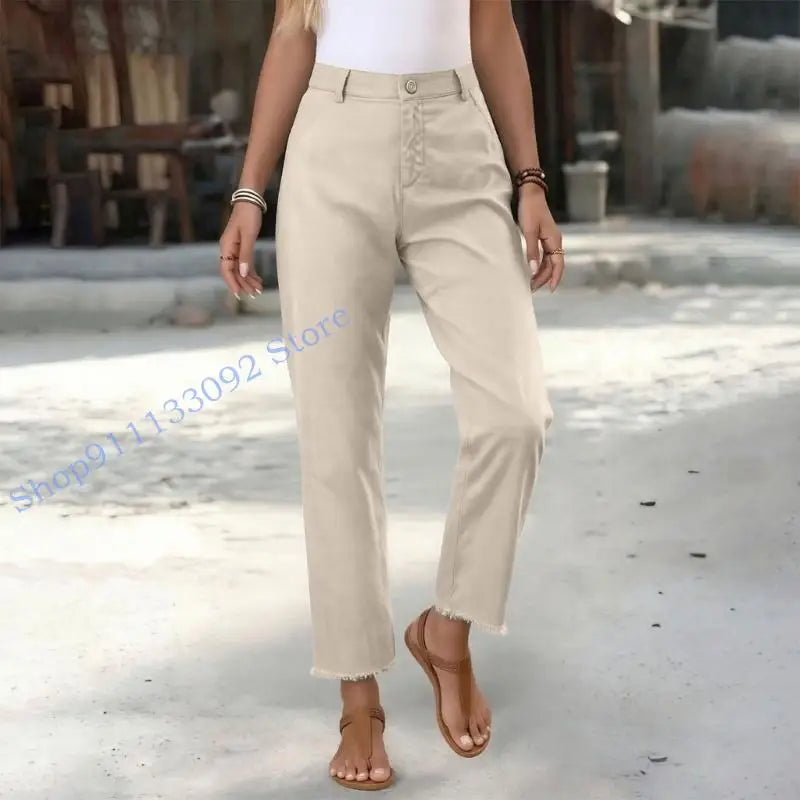 Damen Freizeithose mit hohem Bund und Fransen Saum