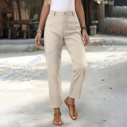 Damen Freizeithose mit hohem Bund und Fransen Saum
