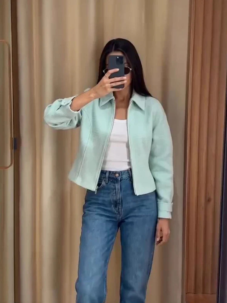 Damen Kurzjacke mit Reißverschluss – Mintgrün Struktur-Optik