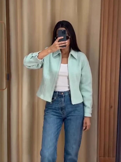 Damen Kurzjacke mit Reißverschluss – Mintgrün Struktur-Optik