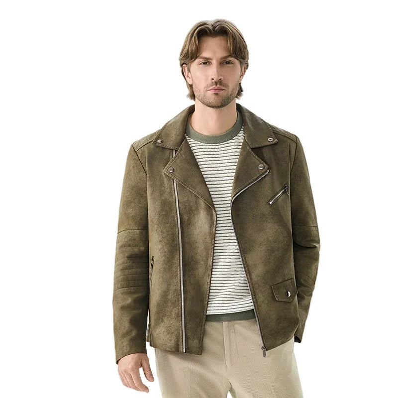 Herren Bikerjacke Wildleder-Optik Asymmetrischer Reißverschluss Braun