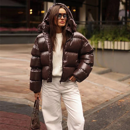 Kurze Pufferjacke Glänzend mit Kapuze Damen Winterjacke