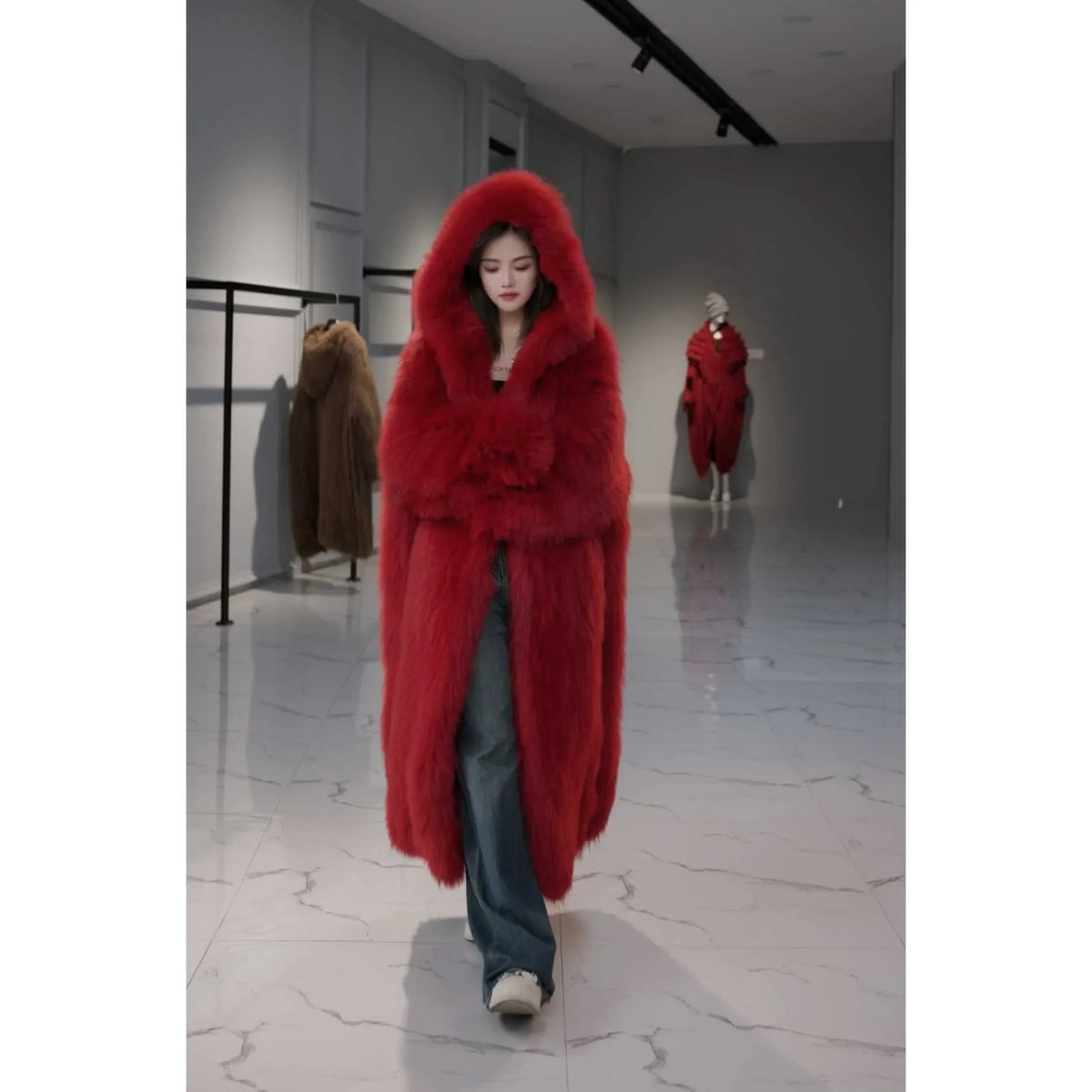 Damen Langer Kunstpelzmantel mit Kapuze, Teddyfell Optik, Mehrfarbig