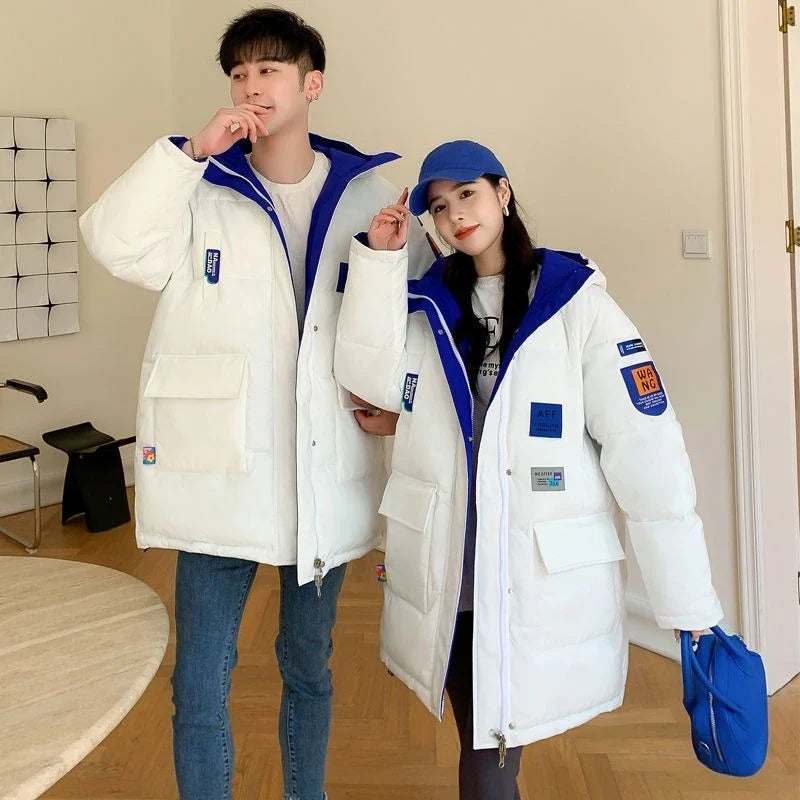 Unisex Winter Steppjacke mit Kapuze, lange Winterjacke Schwarz Blau Weiß