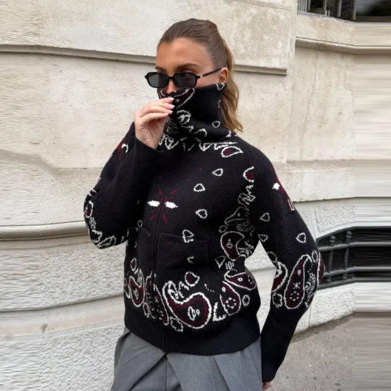 Damen Strickjacke mit Reißverschluss, Stehkragen & Bandana-Muster