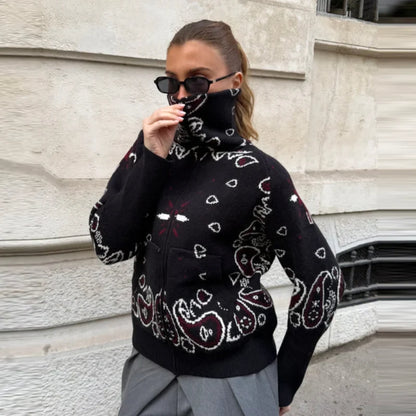 Damen Strickjacke mit Reißverschluss, Stehkragen & Bandana-Muster