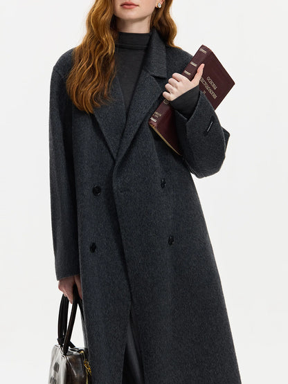 Damen Langer Mantel Doppelreiher Dunkelgrau Winter