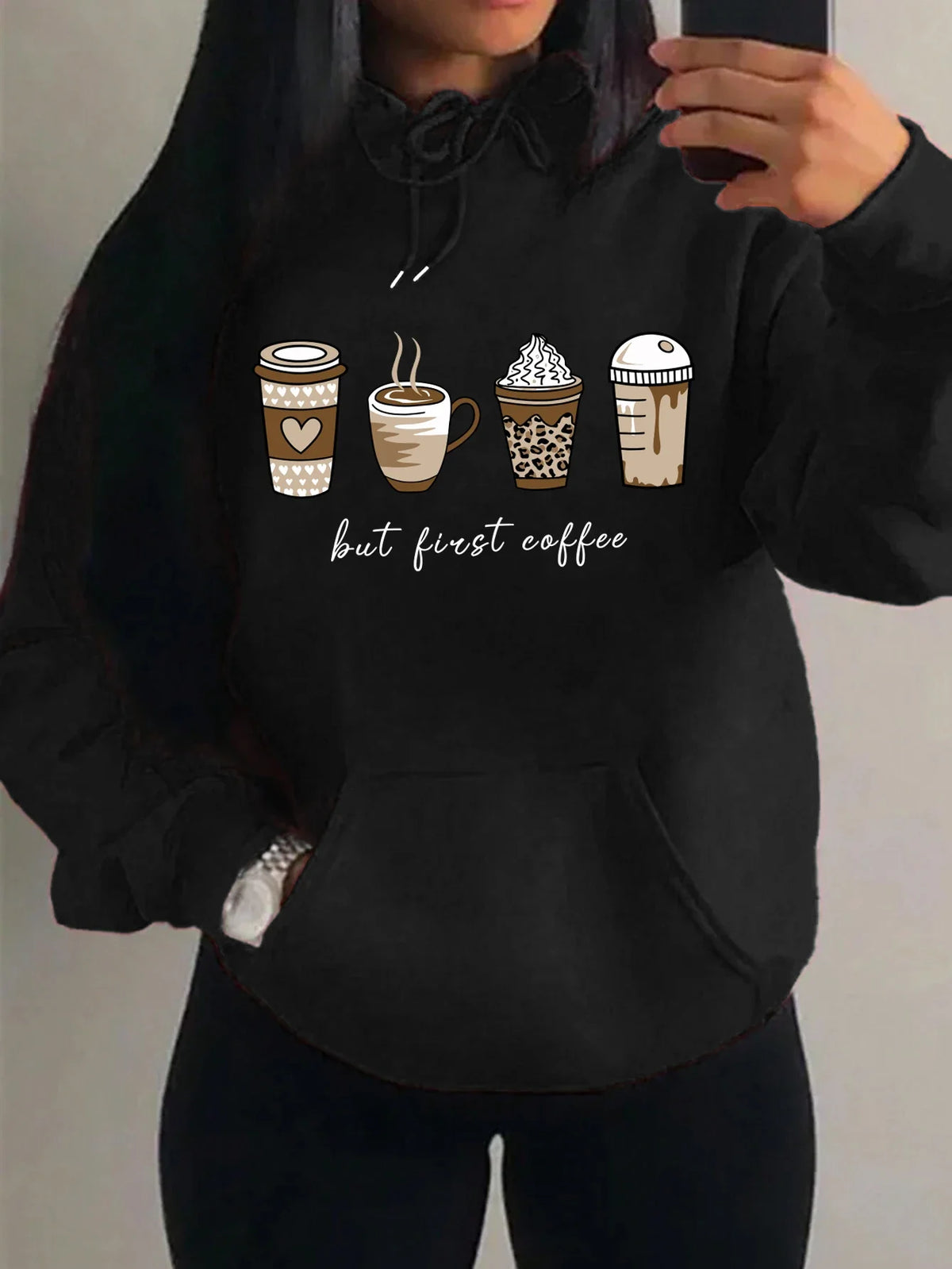 Damen Hoodie "But First Coffee" mit Kaffeetassen-Print Kapuzenpullover