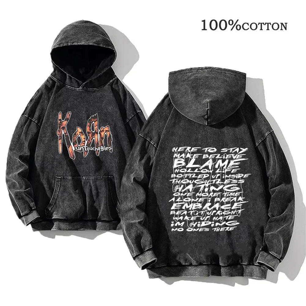 Unisex Kapuzenpullover Grau verwaschen mit Band-Print Vorn & Hinten