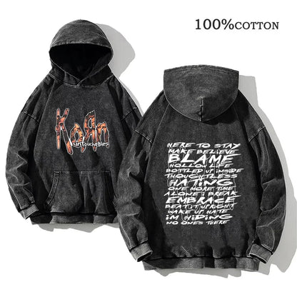 Unisex Kapuzenpullover Grau verwaschen mit Band-Print Vorn & Hinten