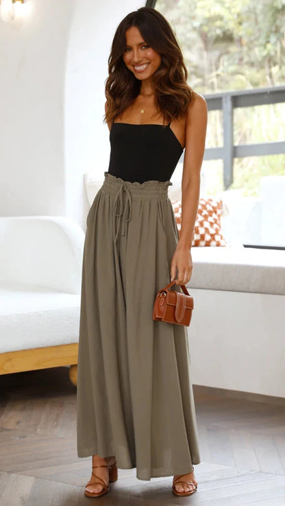 Damen Weite Hose mit Hohem Bund und Kordelzug, Lockere Palazzo-Hose