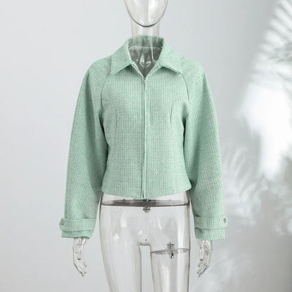 Damen Kurzjacke mintgrün mit Reißverschluss Kragen Tweed-Optik