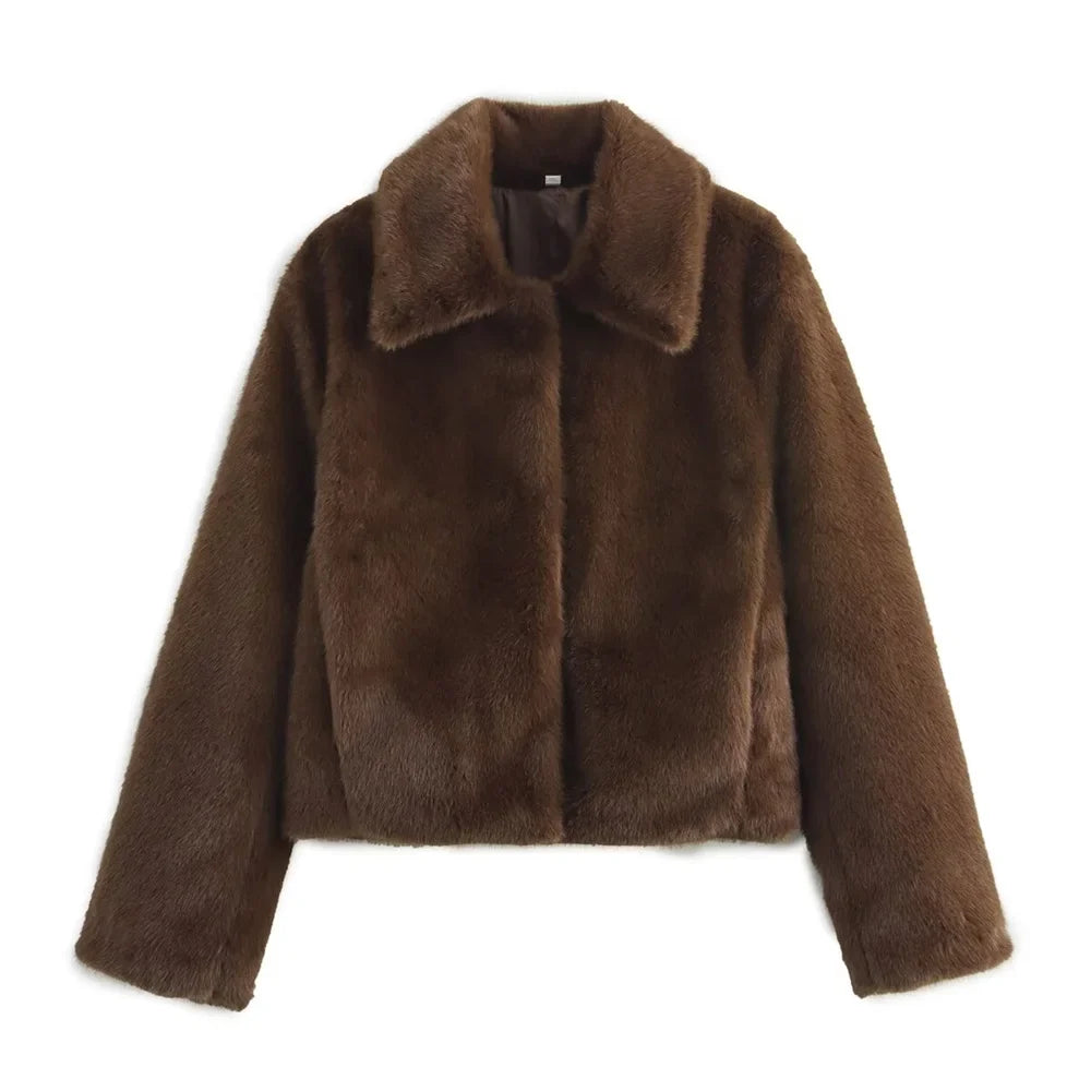 Kurze Damen Plüschjacke mit Kragen – Warm & Weich