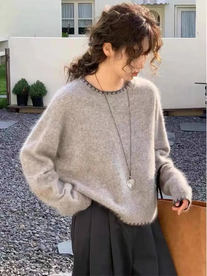 Damen Pullover Rundhals Langarm Strickpullover Weicher Stoff