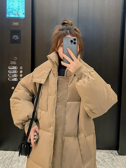 Langer Steppmantel Damen mit Kapuze Winter Warm Gefütterte Daunenjacke Winddicht