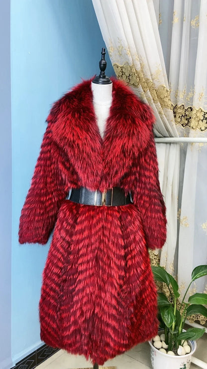 Damen Langer Mantel aus Kunstfell mit Chevron-Muster und Kragen