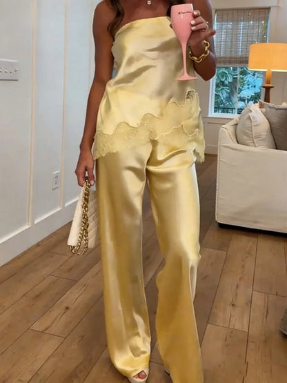 Damen Satin Hose Weites Bein – Dunkelgrün