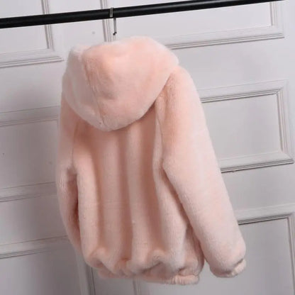 Kurze Kunstfelljacke Damen Kapuze flauschig mit elastischem Saum