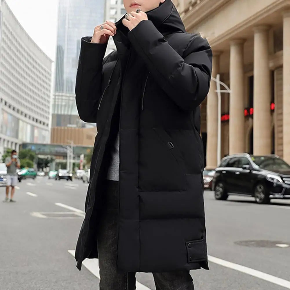 Herren Daunenparka Winterjacke mit Kapuze Stehkragen Lang Schwarz