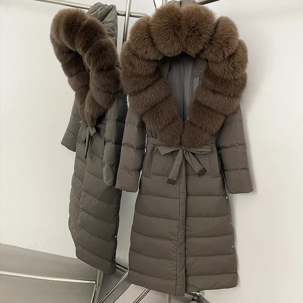 OFTBUY Grote Echte Vos Bontkraag X-Lange Puffer Jas Vrouwen Capuchon Winter Witte Eend Down Jas Dikke Vrouwelijke parka Met Riem