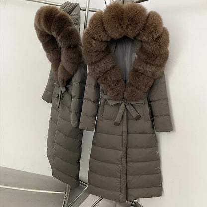 OFTBUY Grote Echte Vos Bontkraag X-Lange Puffer Jas Vrouwen Capuchon Winter Witte Eend Down Jas Dikke Vrouwelijke parka Met Riem