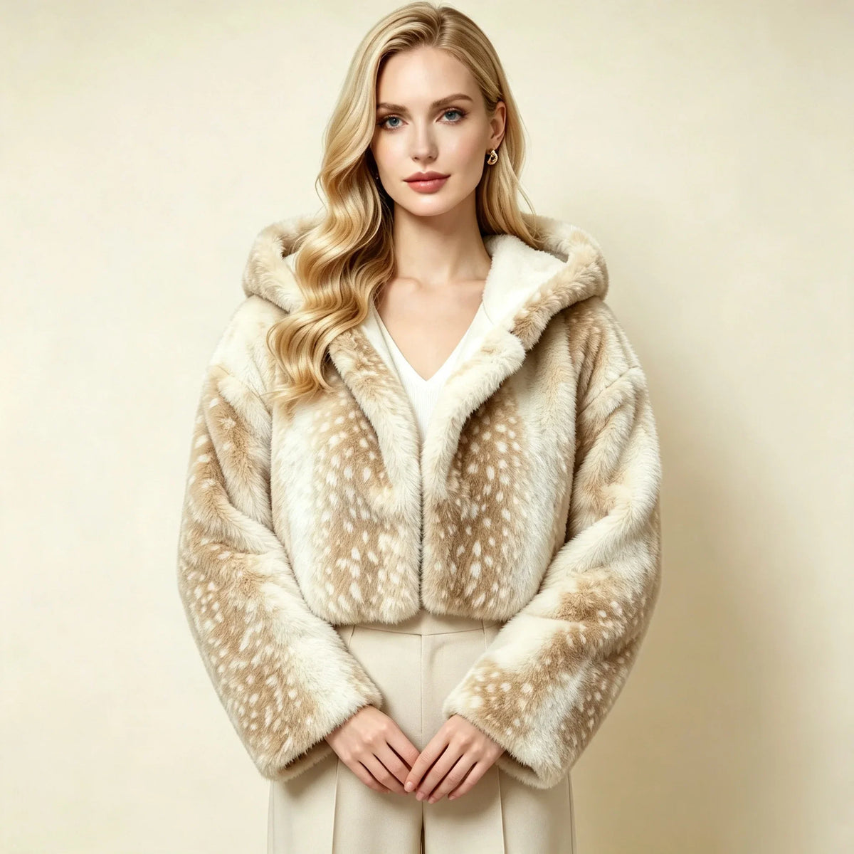 Kurze Damen Kapuzenjacke aus weichem Material mit Punktmuster in Beige