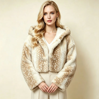 Kurze Damen Kapuzenjacke aus weichem Material mit Punktmuster in Beige