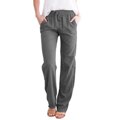 Damen Freizeithose mit weitem Bein und Kordelzug, Leinen-Look, Elastischer Bund