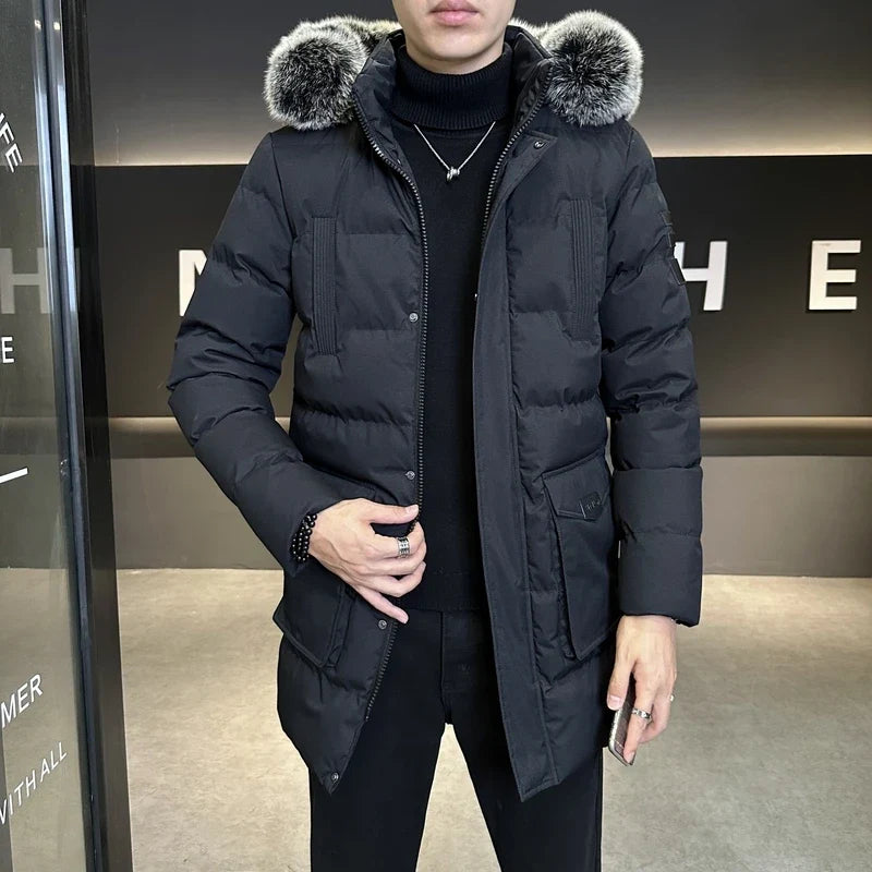 Herren Winterparka mit Kapuze und Kunstfellbesatz, Steppjacke in Marineblau, Schwarz, Grün