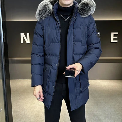 Herren Winterparka mit Kapuze und Kunstfellbesatz, Steppjacke in Marineblau, Schwarz, Grün