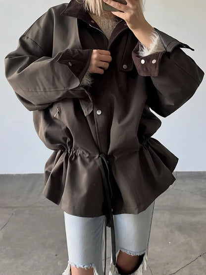 Damen Oversize Jacke mit Kordelzug Trenchcoat Style Khaki