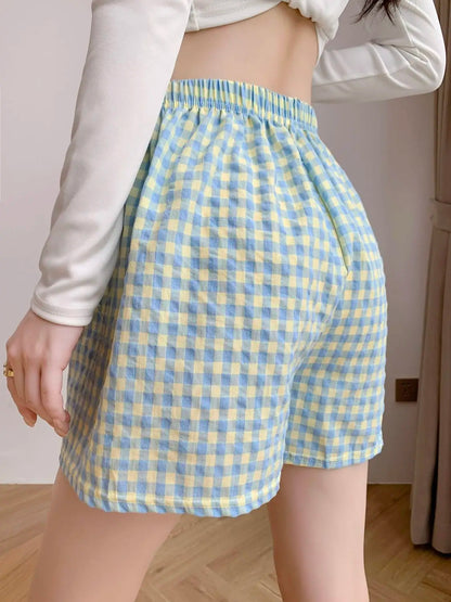 Damen Shorts Karo Muster Elastischer Bund Bequemer Schnitt