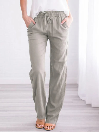 Damen Freizeithose mit weitem Bein und Kordelzug, Leinen-Look, Elastischer Bund