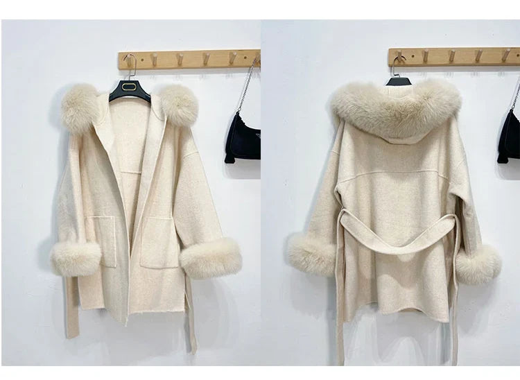 Damen Kurzmantel mit Kapuze und Fellbesatz Bindegürtel & großen Taschen