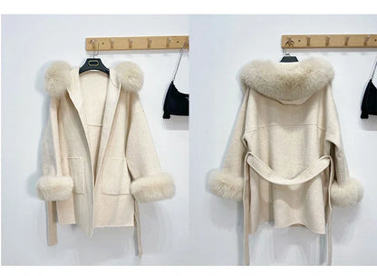 Damen Kurzmantel mit Kapuze und Fellbesatz Bindegürtel & großen Taschen