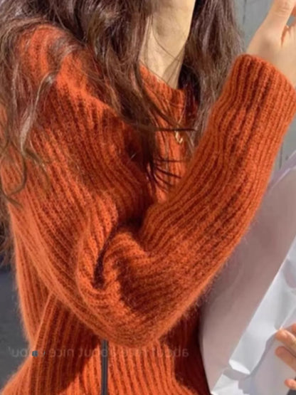 Damen Grobstrick Pullover Rundhals Langarm Rostrot