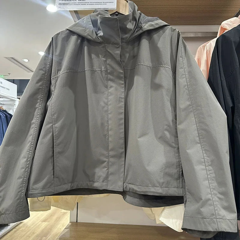 Damen Kurzjacke mit Kapuze Windbreaker Leichte Übergangsjacke