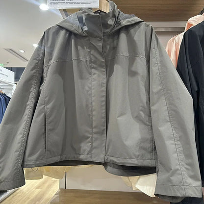 Damen Kurzjacke mit Kapuze Windbreaker Leichte Übergangsjacke