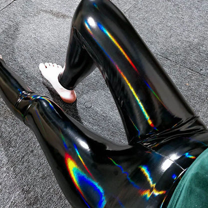 Holographische Leggings für Damen Schwarz Glänzend Bunt Reflektierend