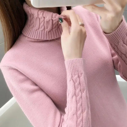 Damen Rollkragenpullover mit Zopfmuster Ärmeln und Hals - warmer Strickpullover