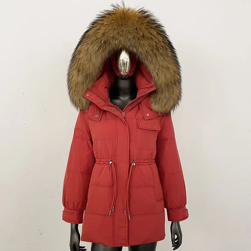 Damen Winter Parka mit Kapuze und Fellkragen Tunnelzug Weiß