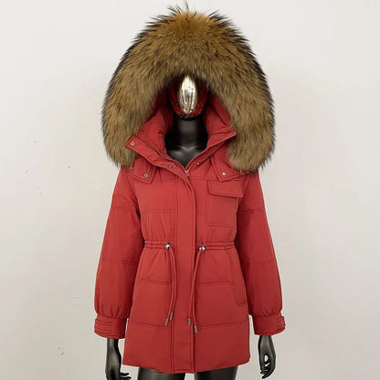 Damen Winter Parka mit Kapuze und Fellkragen Tunnelzug Weiß