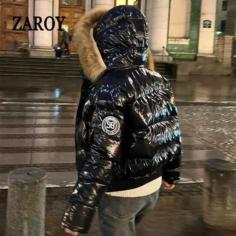 Damen Steppjacke mit Kapuze und Druckknöpfen, Winterjacke gefüttert