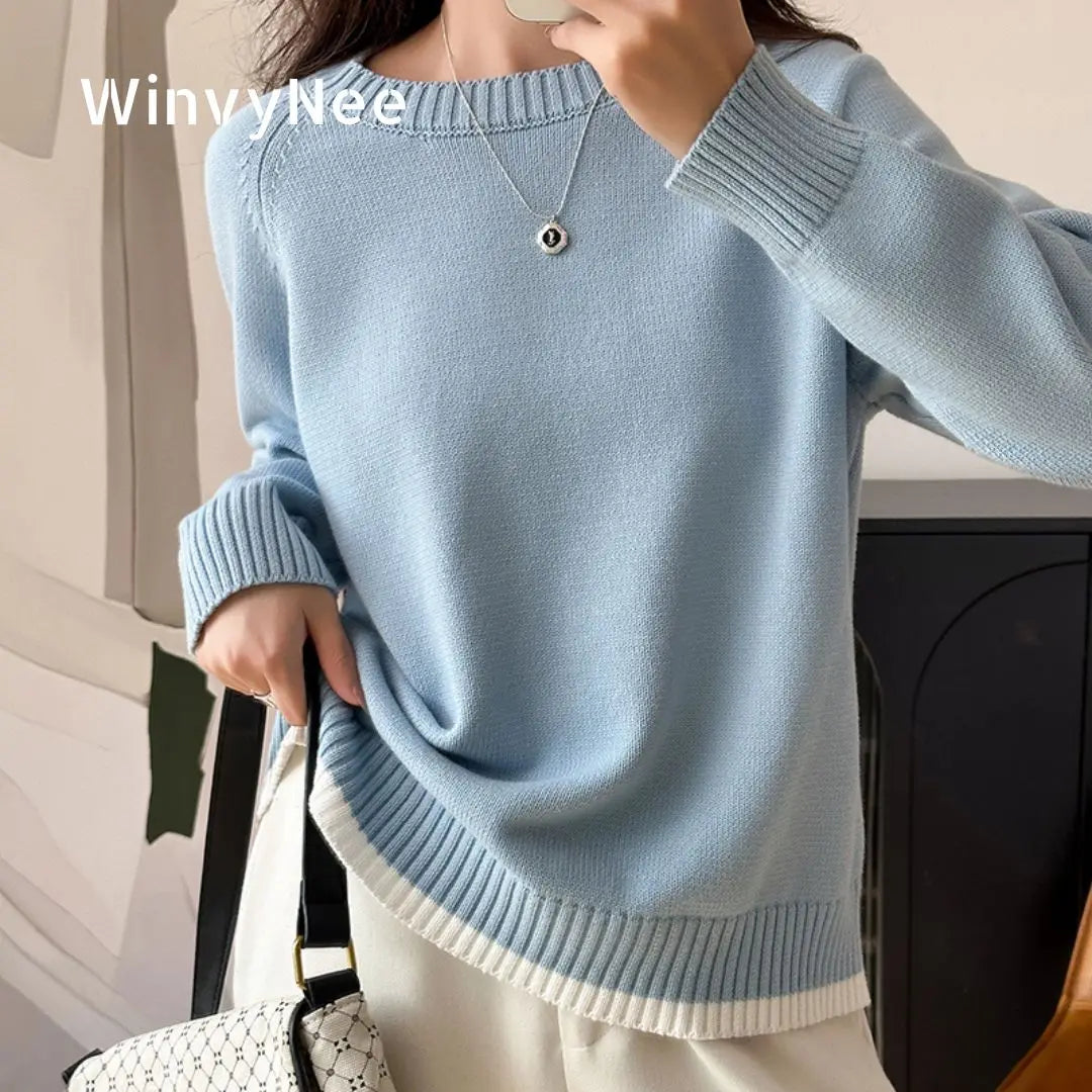 Damen Pullover Rundhalsausschnitt Langarm Strickpullover Rippbündchen